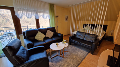 Wohnschlafzimmer, im Vordergrund befindet sich die Fernsehecke. Im Hintergrund, durch einen Vorhang getrennt das Doppelbett