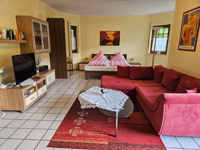 Wohnschlafzimmer: Perspektive von Küche mit Fernsehecke im Vordergrund, ein paar Bücherregalen und Schränken auf der linken Seite. Bett im Hintergrund